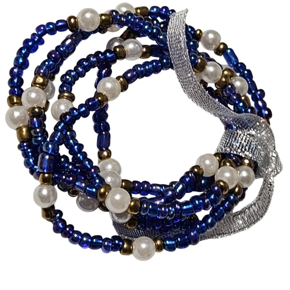 Blue Beaded Faux Pearl Bracelets Gold Accents Set of 6 Tied Silver Ribbon Gift